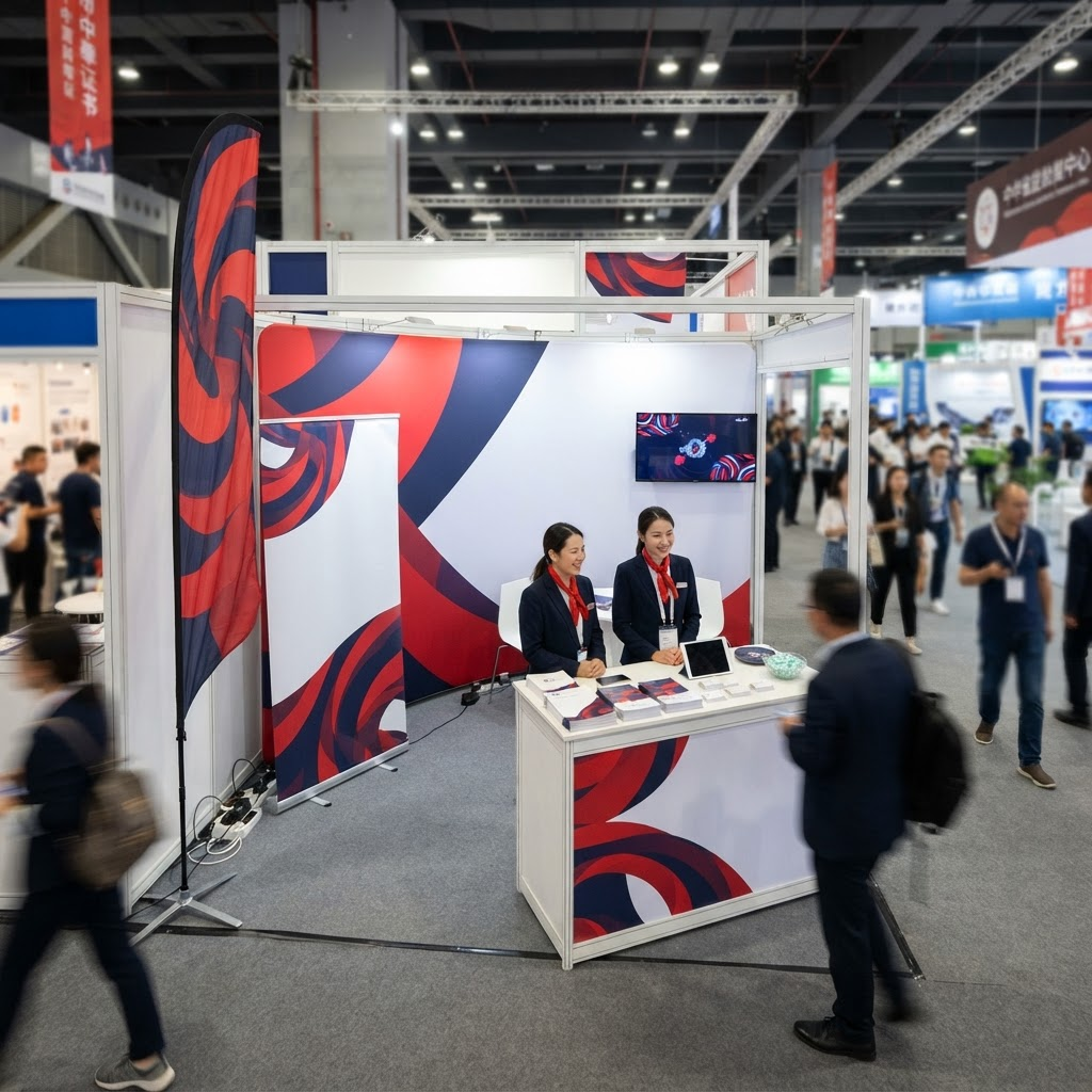 A branded exhibition booth with roll-up banners and a fabric backdrop in a Chinese convention center